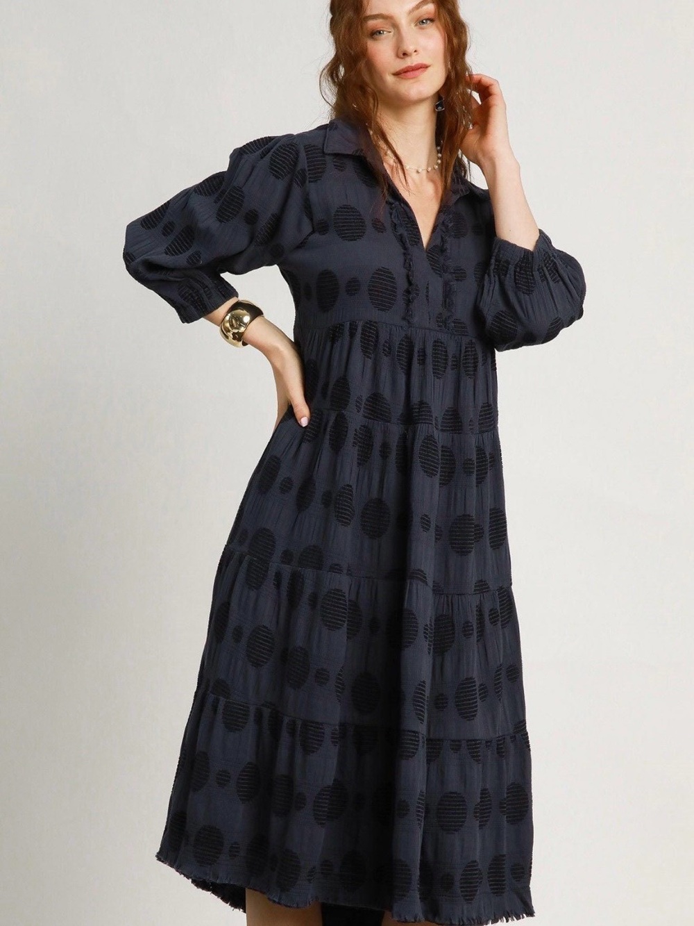 Umgee Black Swiss Dot Jacquard Midi Dress M Coastal Whimsical Boho Frayed V-Neck